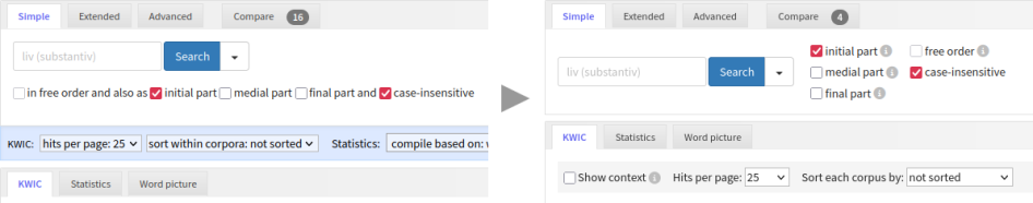 Comparison of the search UI in Korp 9.8 and 9.9