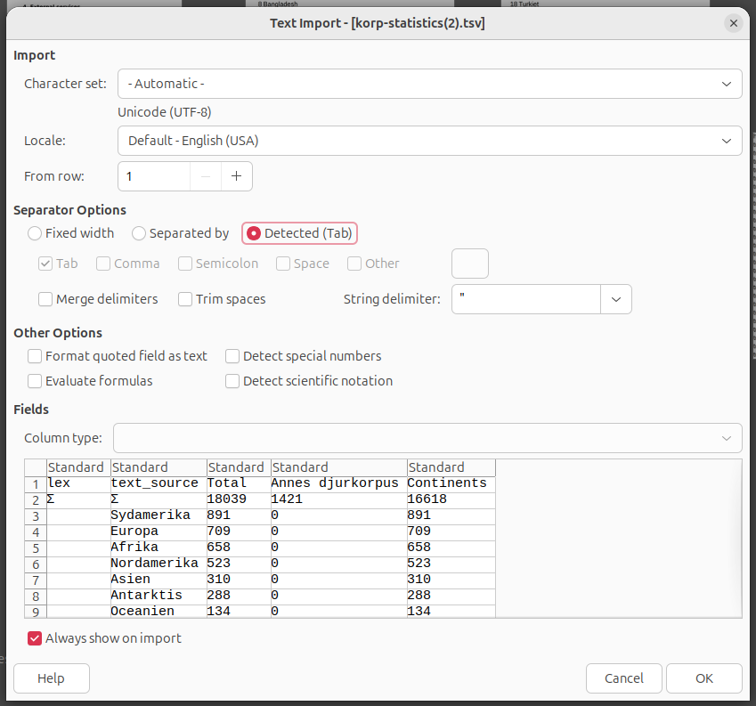 Importalternativ för TSV-fil i LibreOffice Calc